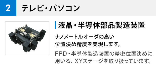 2 テレビ・パソコン 液晶・半導体部品製造装置 ナノメートルオーダの高い位置決め精度を実現します。 FPD・半導体製造装置の精密位置決めに用いる、XYステージを取り扱っています。