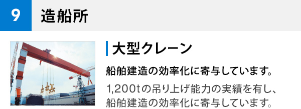 9 造船所 大型クレーン 船舶建造の効率化に寄与しています。1,200tの吊り上げ能力の実績を有し、船舶建造の効率化に寄与しています。