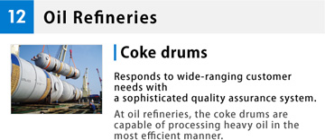 12 Oil Refineries Coke drums Responds to wide-ranging customer needs with a sophisticated quality assurance system. At oil refineries, the coke drums are capable of processing heavy oil in the most efficient manner.