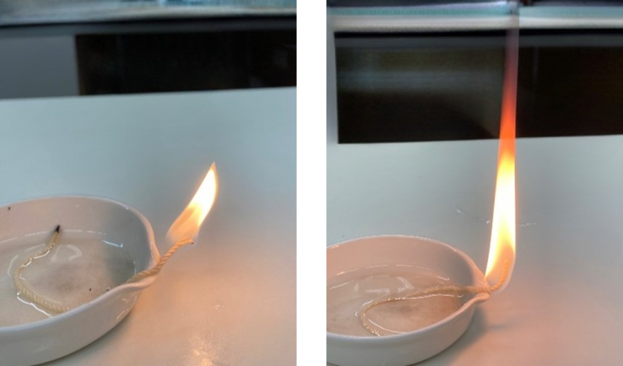Difference in combustion between the generated FT fuel (left) and commercially available kerosene (right)  (The fuel on the left is aroma-free and therefore produces less soot than the commercially available kerosene on the right.)
