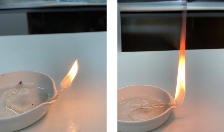 生成した FT燃料(左)と市販灯油(右)の燃焼の違い((左)はアロマフリーのため市販灯油(右)に比べ煤が発生しにくくなります)